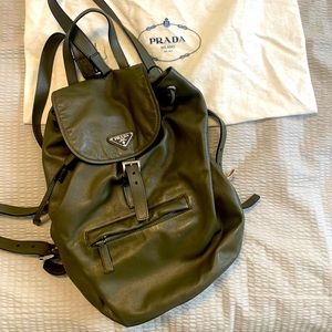 Prada leather backpack in olive green with dust bag